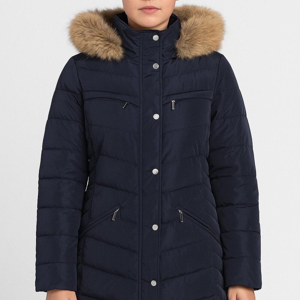 Michael Kors Women's S Blue Down Feather Faux Fur Winter Puffer Jacket